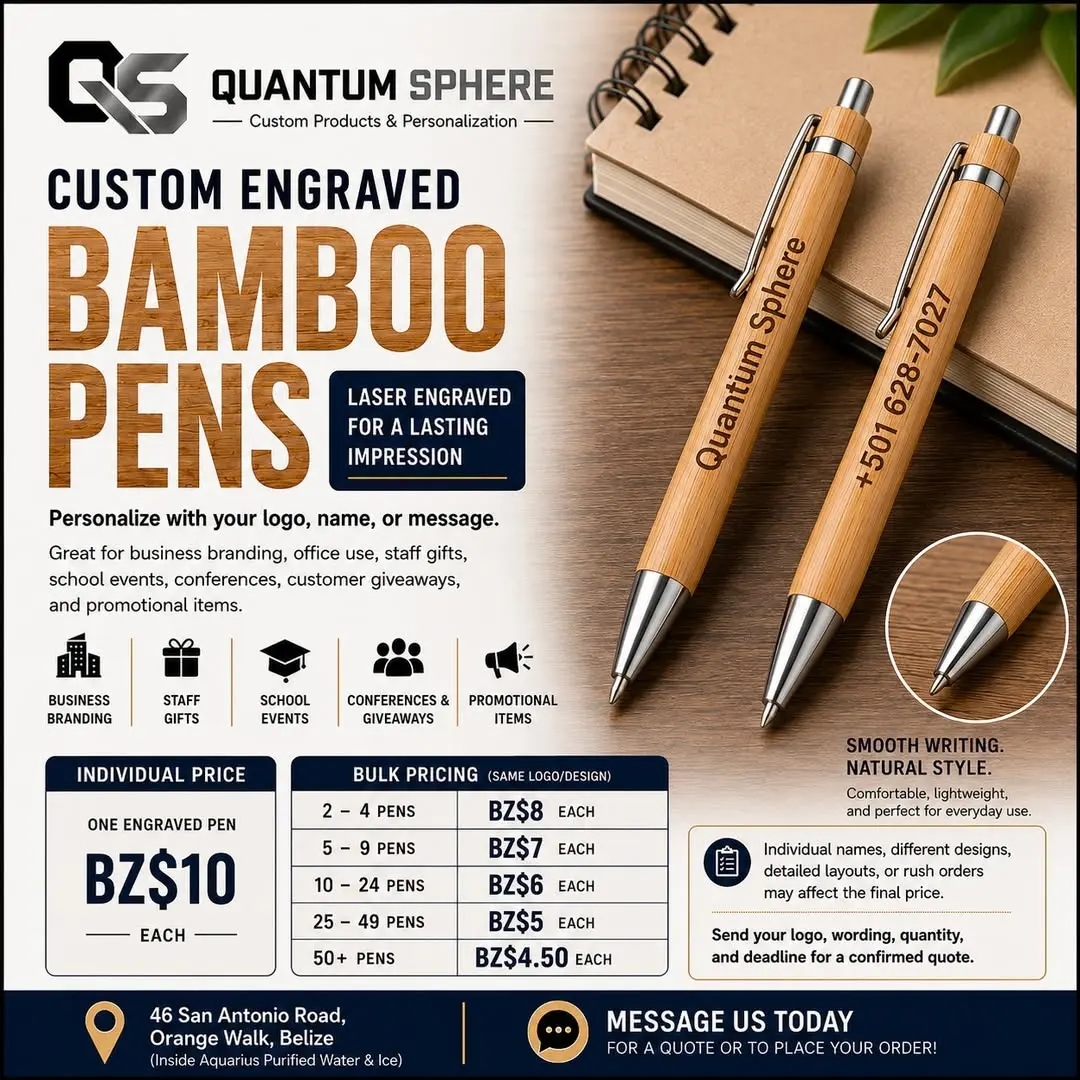 Custom Engraved Bamboo Pen flyer by Quantum Sphere