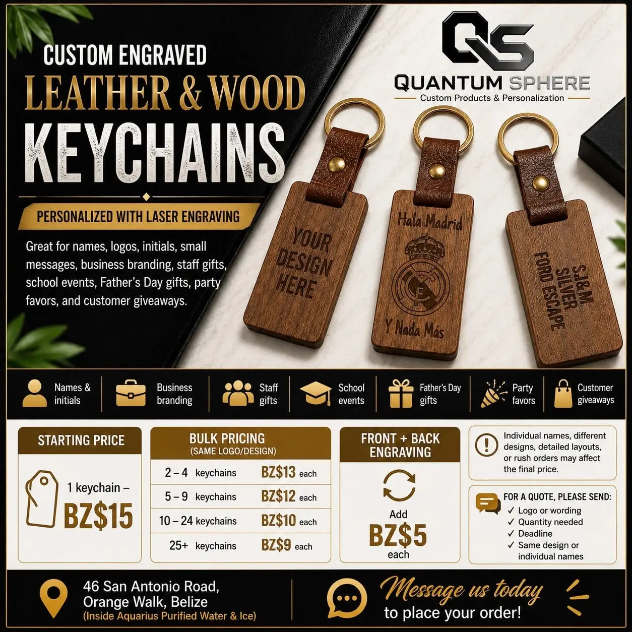 Custom Engraved Leather & Wood Keychain flyer by Quantum Sphere
