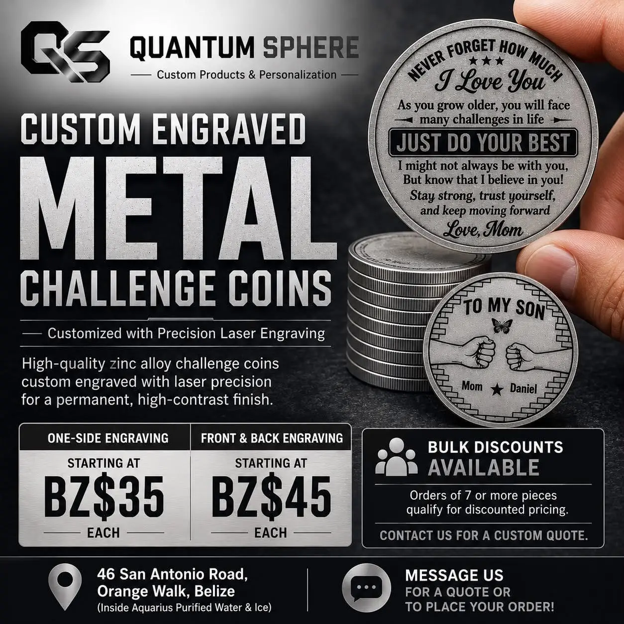 Custom Engraved Metal Challenge Coin flyer by Quantum Sphere
