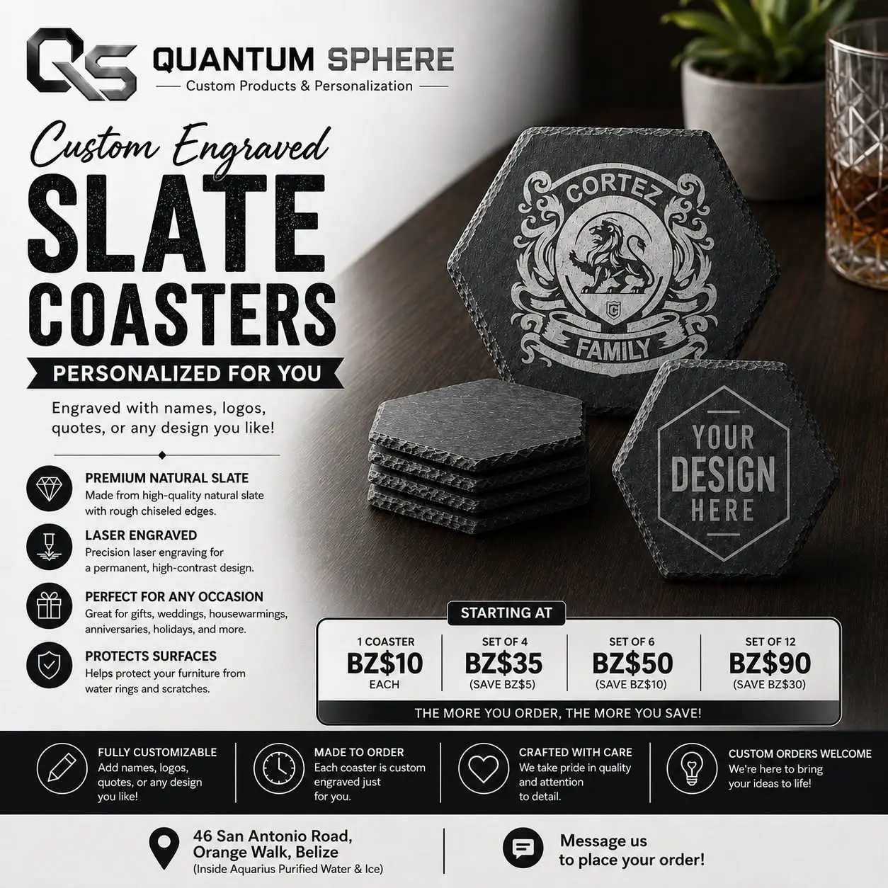Custom Engraved Slate Coaster flyer by Quantum Sphere