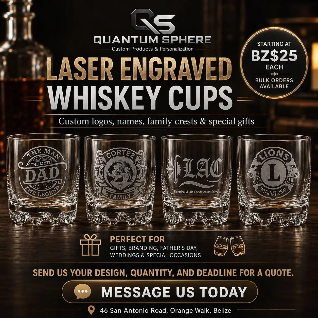 Laser Engraved Whiskey Cup flyer by Quantum Sphere