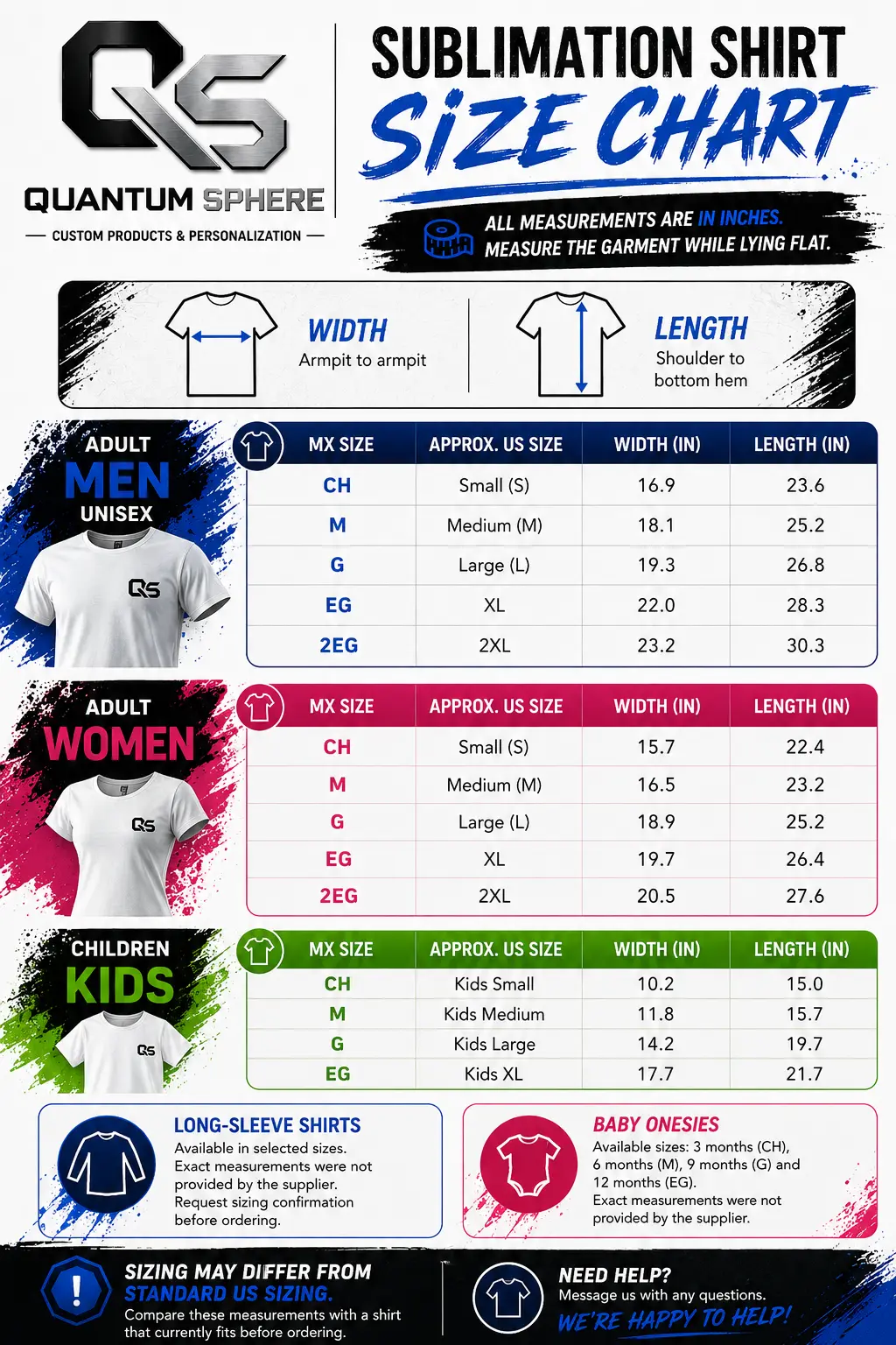 Quantum Sphere sublimation shirt size chart with Mexican and approximate US sizes and flat garment measurements